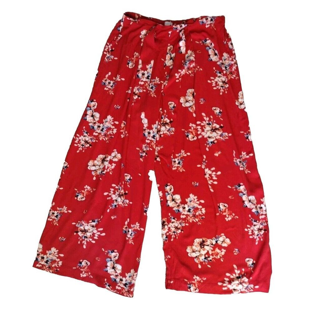 Xhilaration Woman L Red  floral Boho palazzo Bohemian Wide Leg‎ Elastic Belted
